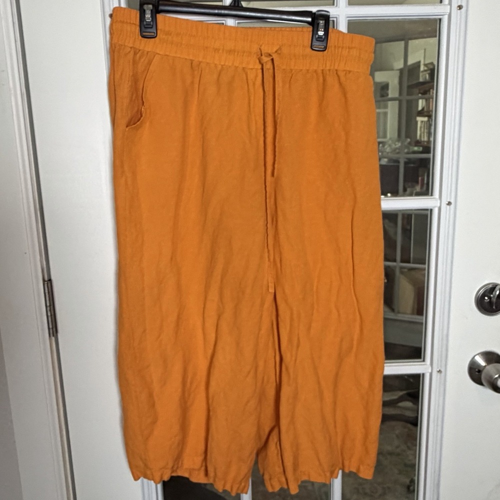 Zac & Rachel Linen Blend Orange Drawstring Cropped Wide Leg Pants Size Large